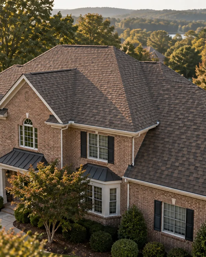 Two story home with a new charcoal shingle roof and clean ridge lines