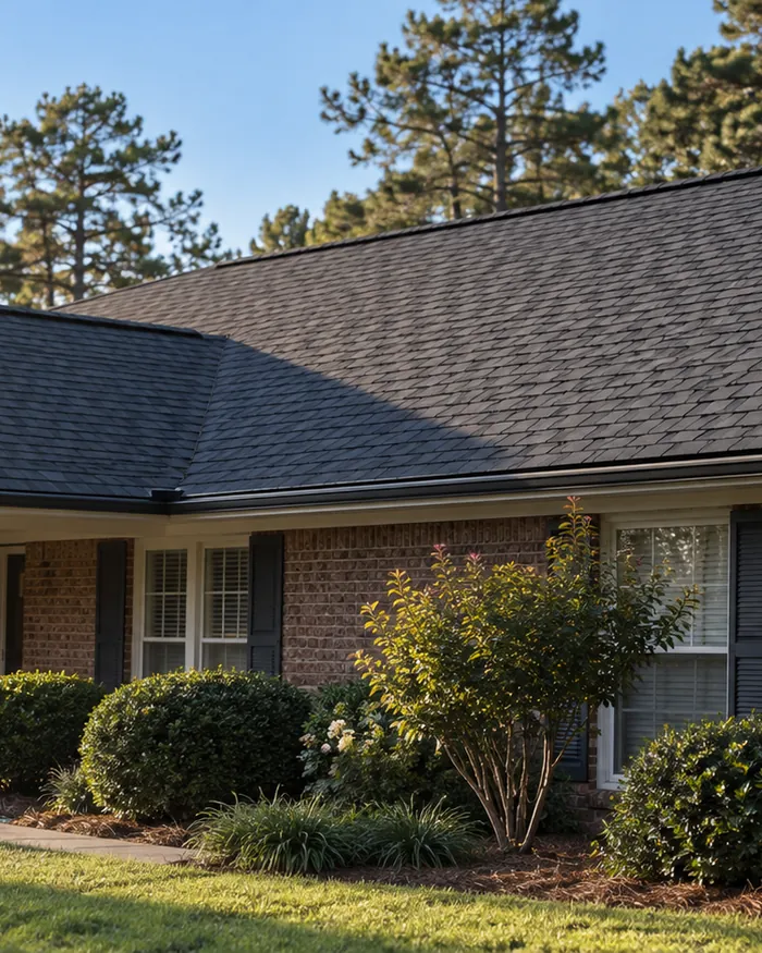 Single story home with a dark standing seam metal roof and white trim