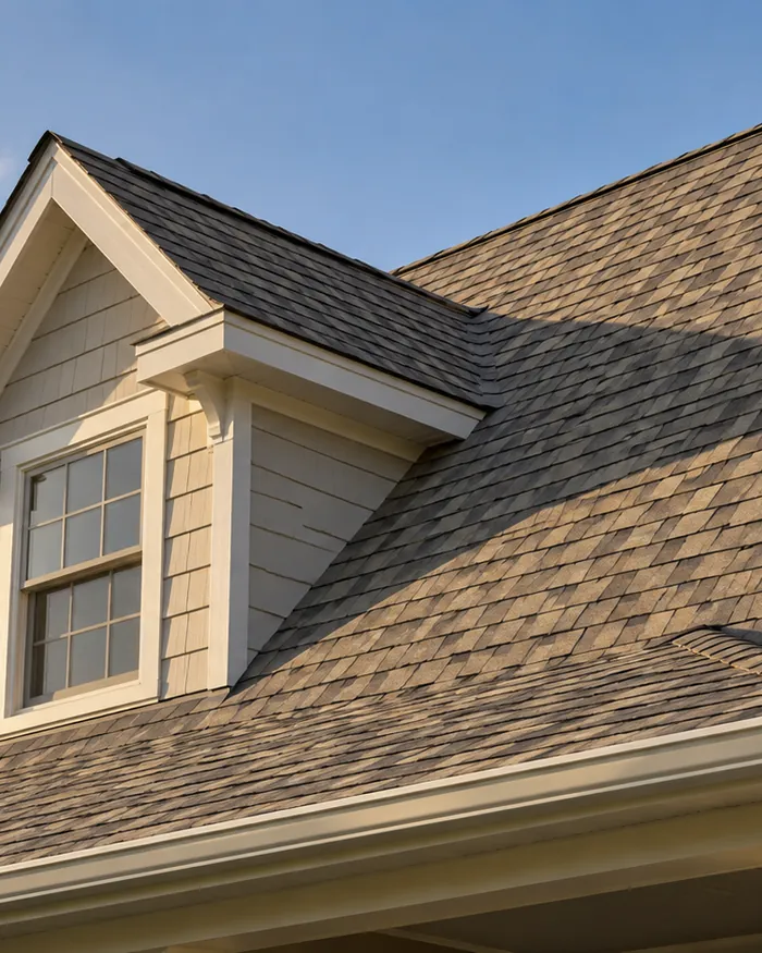 Roof section with new shingles blended into the old field after wind damage