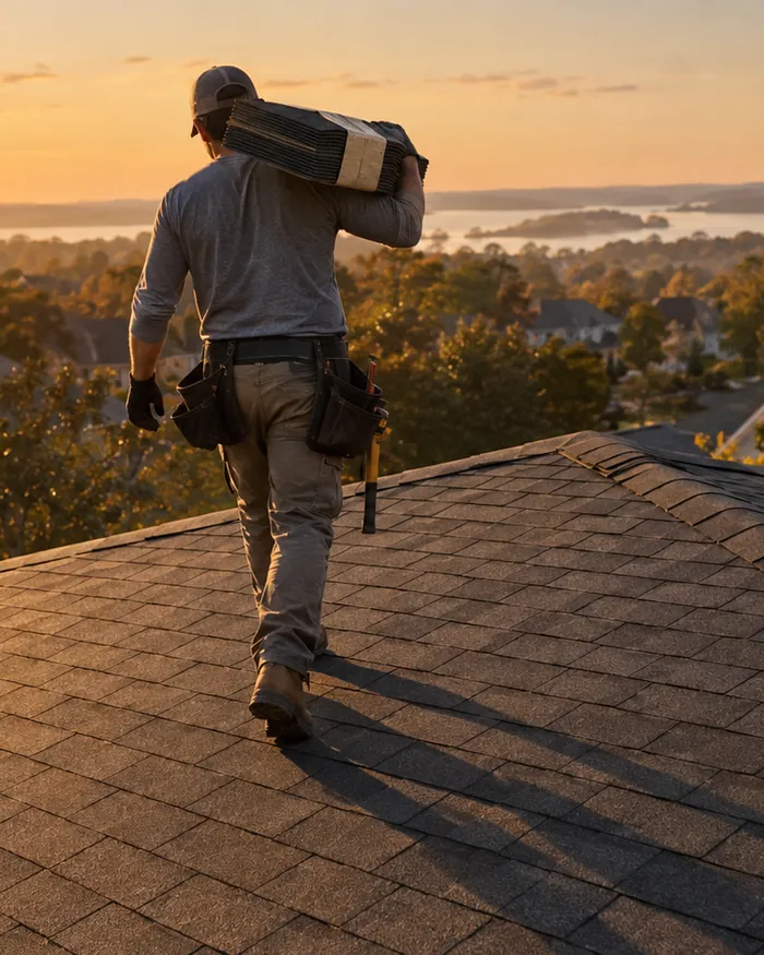 Long single story roof with new brown shingles and a clean valley
